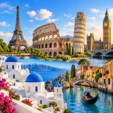 A colorful collage-style travel scene featuring landmarks such as the Eiffel Tower, the Colosseum, the Leaning Tower of Pisa, Big Ben, a gondola on a canal, white buildings with blue domes, and bright pink flowers under a blue sky.