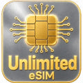 esim Logo with gold circuit design and 'Unlimited eSIM' text on a metallic background