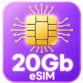 Gold eSIM chip on a purple background with '20Gb eSIM' text