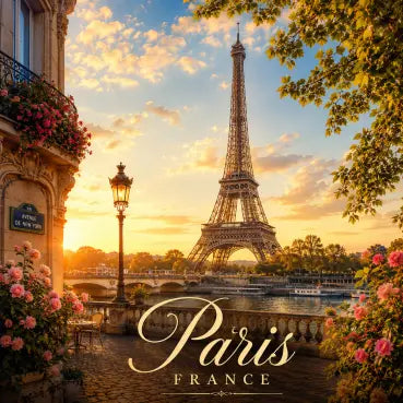 eSIM for France, Sunset view of the Eiffel Tower with 'Paris France' text overlay