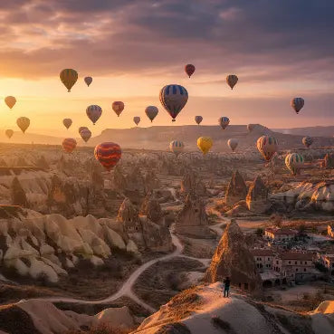 esim for Turkey, Hot air balloons floating over a landscape with a sunset sky