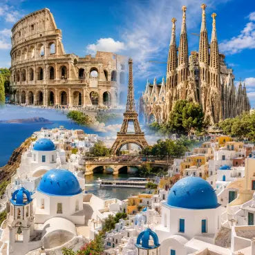 esim Data trip for Europe. this is a travel collage showing famous landmarks: the Colosseum, Sagrada de Catò, Eiffel Tower, Paris Tower, and white buildings with blue domes, likely sold as a scenic wall mural or poster print.