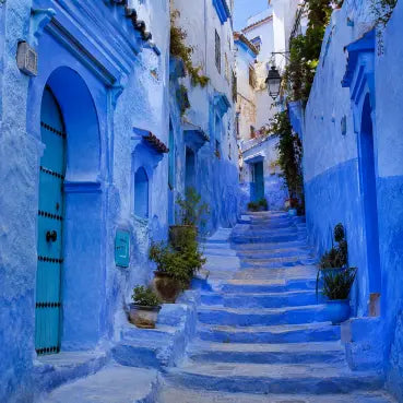 esim data travel to Morocco, and Vivid Blue Stairway in Chefchaouenյ
