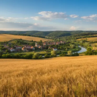 Serbia esim with Village nestled in a valley surrounded by rolling hills and a river, with a golden field in the foreground.