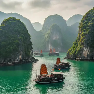 Vietnam esim with Boats navigating through a scenic waterway with limestone karsts in Halong Bay, Vietnam.