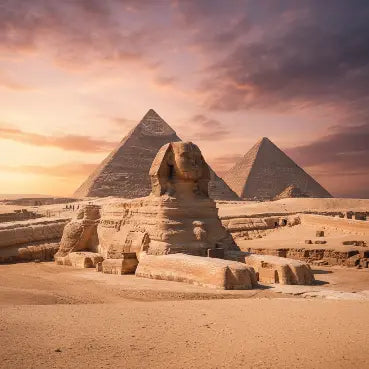 esim Egypt Sphinx and pyramids at Giza with a sunset sky
