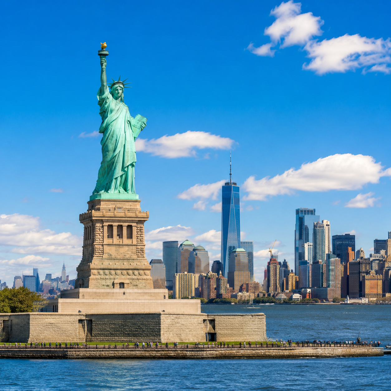 Use esim data for The Statue of Liberty stands on a rocky base in the foreground, with the New York City skyline, including One World Trade Center