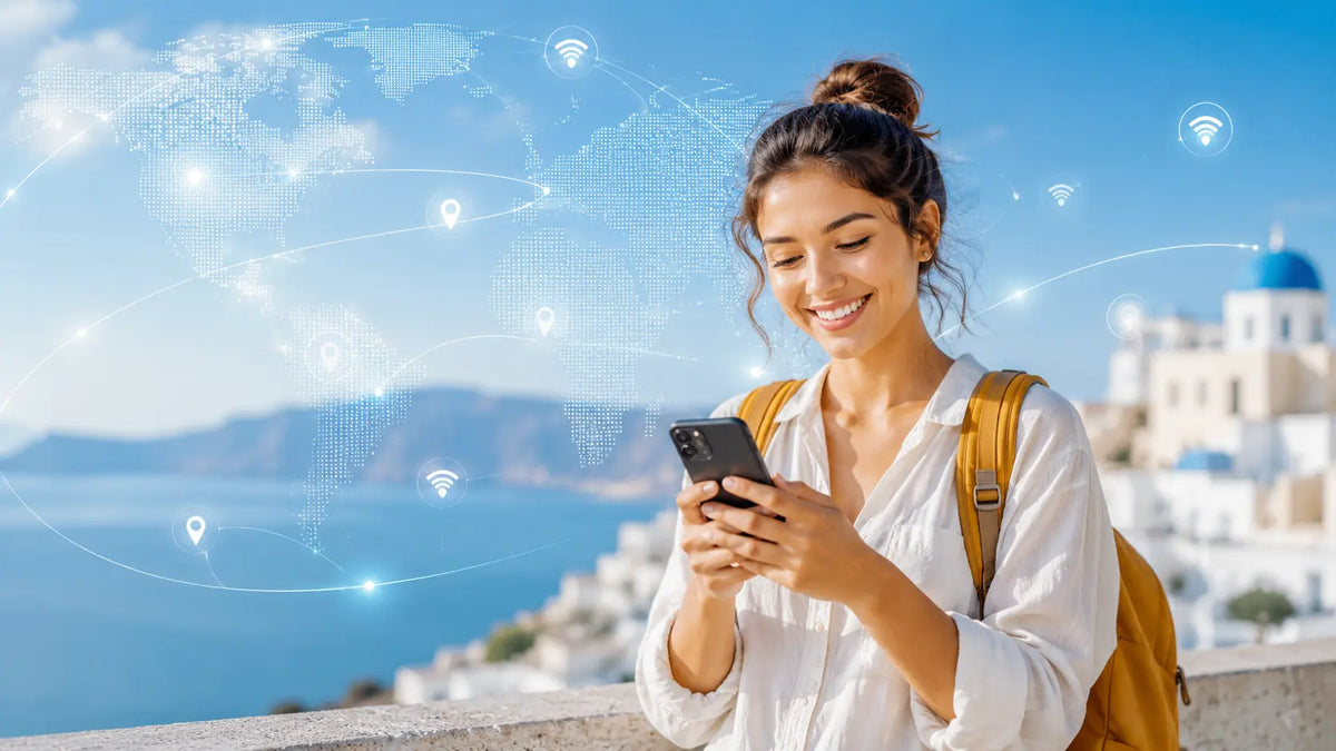 esim data trip showing Woman using a smartphone with a scenic background and network icons overlayed