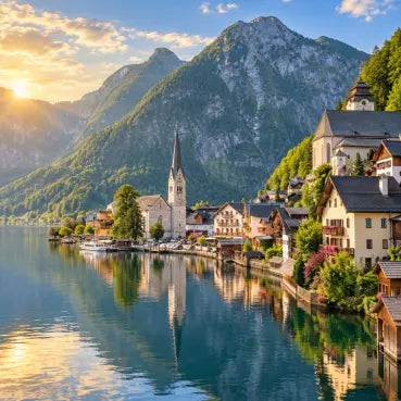 Scenic view of a lakeside town with a church spire, clustered buildings, and steep mountains in the background, reflected in calm blue water at sunrise.