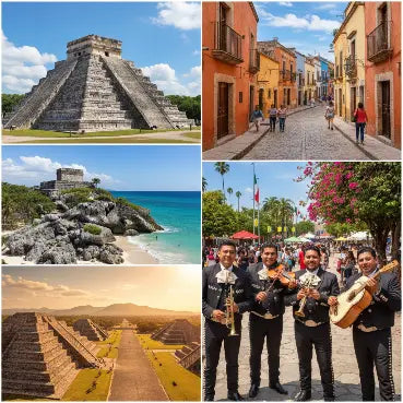 Mexico esim with Collage of images including a pyramid, street scene, beach, and musicians with instruments